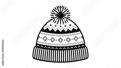 A black and white hand drawn illustration of a knitted winter hat with a pom pom and a fair isle pattern presented as a silhouette