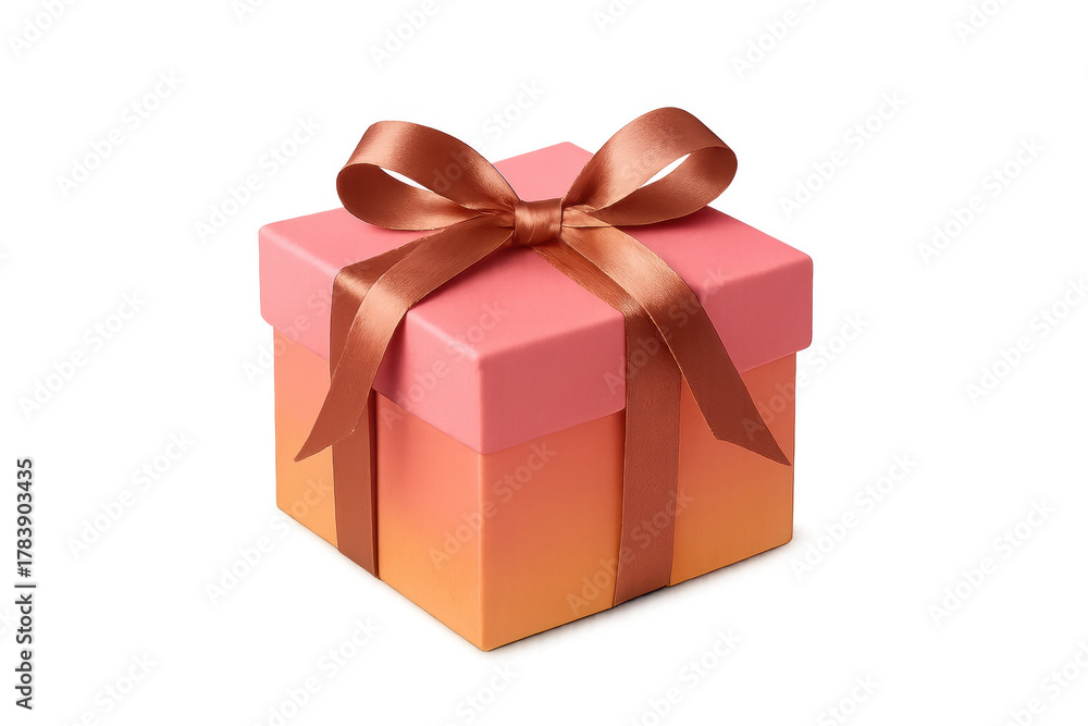 Obraz premium Pink and orange gift box with festive brown ribbon bow, presenting a surprise for celebrations, birthdays, and holidays, on a transparent background