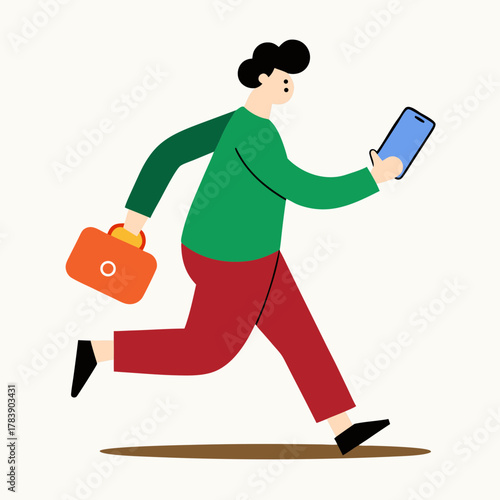 Man in green shirt and red pants running with briefcase and phone silhouette isolated on white background