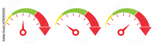 Risk meter icons. Low, medium or high risk on speedometer concept. Scale score of speed, performance and rating power. Performance indicator sign. Vector illustration.