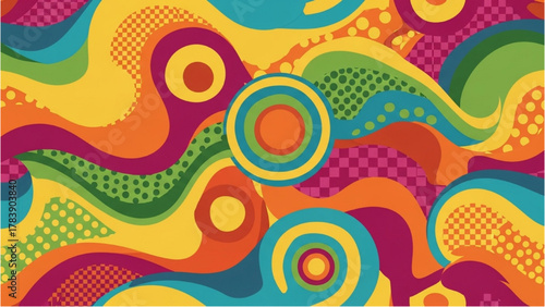 Vibrant Psychedelic Abstract Art with Groovy Swirls and Concentric Circles Pattern, Full of Dynamic Retro Colors and Playful Textures