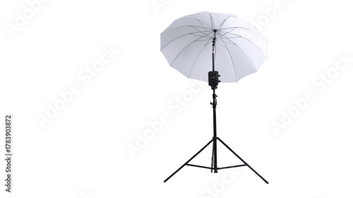 Professional studio photography umbrella lighting equipment with softbox and light stand for portrait, fashion, and product photoshoot setup on white background