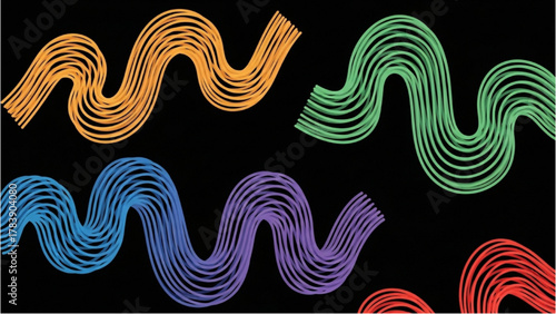Abstract wavy lines in vibrant colors on a black background for creative design