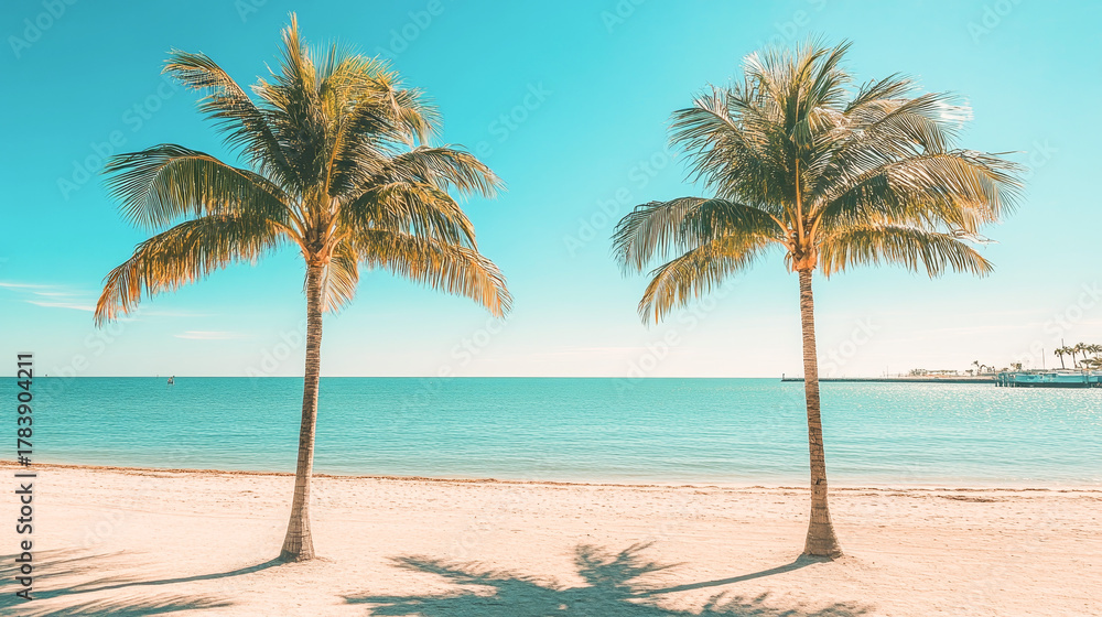 Fototapeta premium Two palm trees casting shadows on tropical beach in florida keys