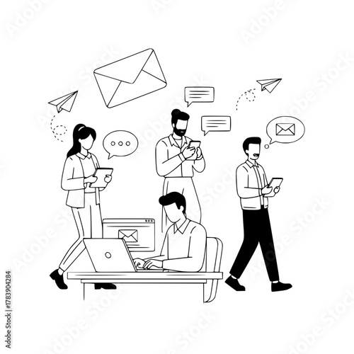 Various busy professionals interacting with digital messages and emails in a modern collaborative workspace outline illustration perfect for a landing page