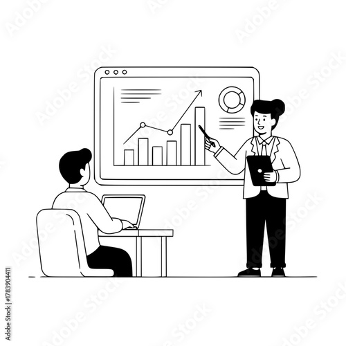 Animated business professional presenting financial growth data on a digital screen to an attentive colleague in an office meeting illustration for a landing page