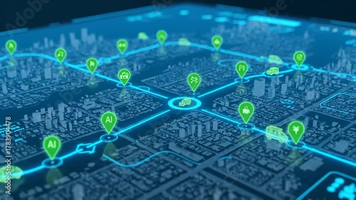 Autonomous Vehicle Navigation System on Digital City Map - A stylized digital city map shows green location pins and glowing blue lines indicating routes.