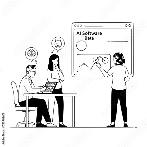 Three business colleagues actively discussing artificial intelligence software beta progress in a contemporary office featuring a large browser window perfect as a landing page illustration
