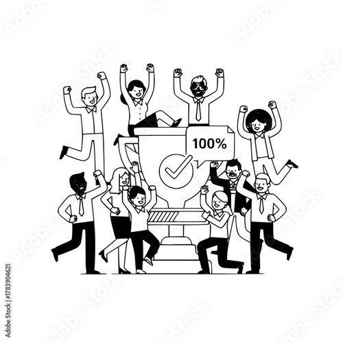 Diverse enthusiastic business team celebrating triumphantly beside an award trophy indicating 100 percent success an engaging landing page illustration