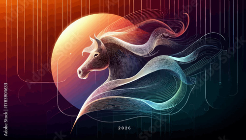 Ethereal horse made of flowing lines with a dreamy mood representing the year 2026 against a cosmic sun background