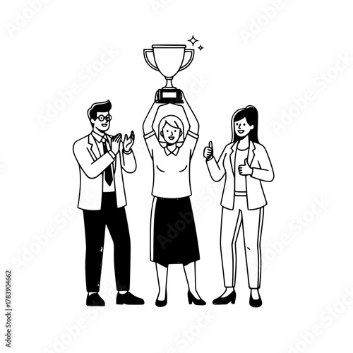 Professional successful happy business team celebrating achievement with a trophy and applause in a corporate setting a vibrant web page visual modern line art illustration