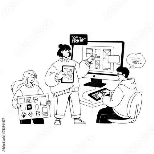 Three dedicated professionals collaborating on UI UX design and coding for an innovative landing page illustration in a digital workspace with a large monitor showing wireframes and code