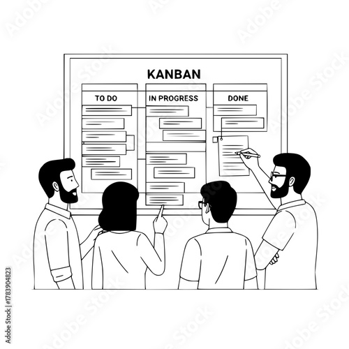 Professional business team analyzing agile Kanban board tasks in an office environment for a productivity landing page illustration