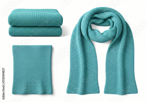 Blank Aqua knitted scarf folded and unfolded mockup set, isolated, 3d rendering. Empty christmas apparel mock up. Clear soft handmade neckerchief template 
