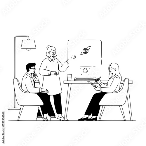 Three professional team members discussing global digital strategy in an office with a screen showing a globe icon minimalist illustration for landing pages