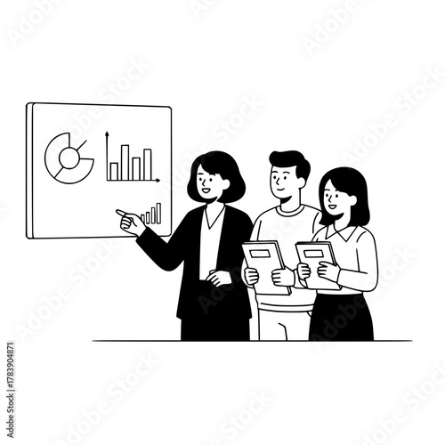 Three diverse business professionals present data on a whiteboard to two listening colleagues in a modern meeting room a perfect landing page illustration for team success