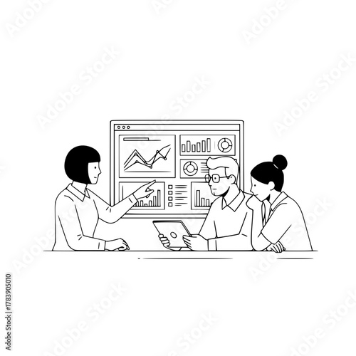 Diverse business professionals analyzing data on a large dashboard screen during a strategic meeting an insightful landing page illustration