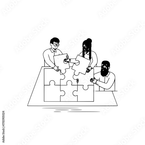Professional diverse team of three people collaboratively assembling a large jigsaw puzzle on a flat surface demonstrating teamwork and problem-solving skills illustration for a landing page