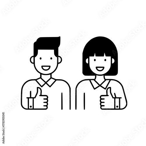 Cheerful smiling man and woman avatars giving positive thumbs up in a simple line art graphic digital illustration for landing page success feedback