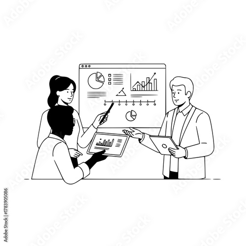 Diverse business professionals collaborate analyzing digital data on a large screen displaying charts and graphs for strategic decision making