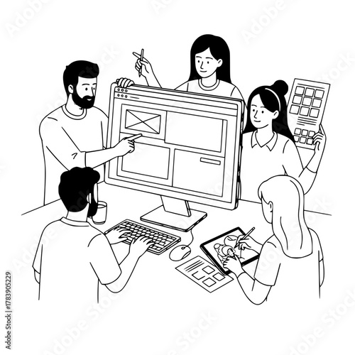 Diverse creative professionals collaborating and developing a landing page illustration on a modern office workspace desktop computer display