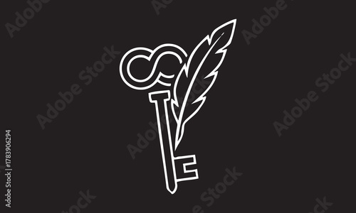 Minimalist key and quill feather line art illustration—symbolizing knowledge, creativity, access, writing, and wisdom for modern branding, logos, or tattoo designs