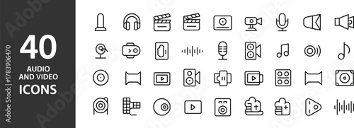 audio, video, icons, media, sound, music, microphone, headphones, speaker, camera, play, waveform, technology, broadcast, streaming, interface, digital, outline, minimal, set