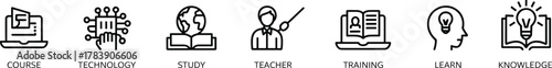 education, icons, course, technology, study, teacher, training, learn, knowledge, book, globe, computer, head, bulb, pointer, online, digital, classroom, skills, academic