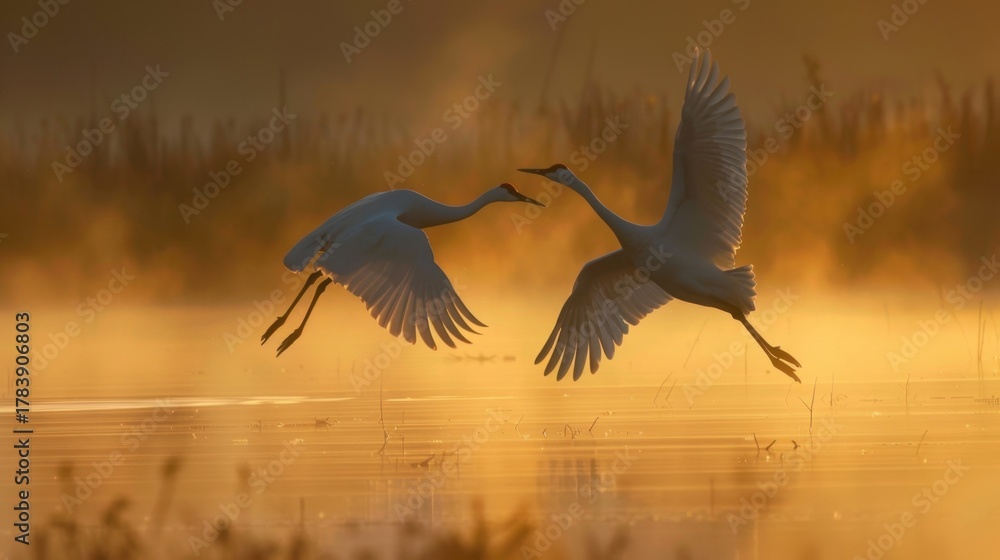 Naklejka premium Two sandhill cranes flying low over a marsh at sunset with golden light and tall grasses in the background.