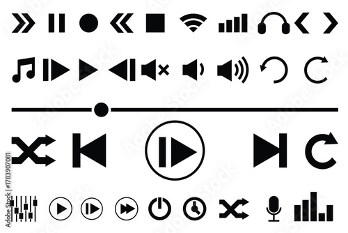 Music Player Icon Set, Audio, video, music player button icon, Sound control, play, pause button solid icon set, media player icons set stock illustration