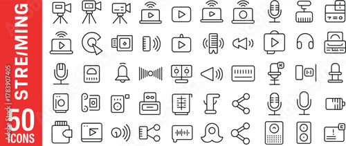 streaming, icons, media, video, audio, microphone, camera, headphones, speaker, Wi-Fi, technology, broadcast, online, digital, sound, interface, communication, minimal, outline, set