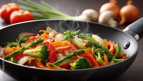 Close Up Of Fresh Stir-Fried Vegetables In The Pan: A Healthy, Vegetarian Option For A Delicious Meal. Ingredients Included.