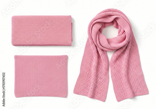 Blank pink knitted scarf folded and unfolded mockup set, isolated, 3d rendering. Empty christmas apparel mock up. Clear soft handmade neckerchief template 