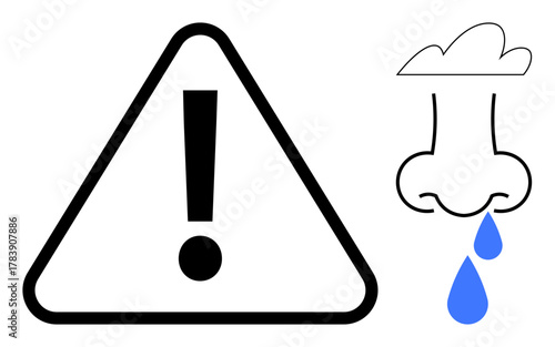 Exclamation mark inside triangle paired with dripping nose illustration. Ideal for allergy awareness, health warnings, respiratory issues, medical conditions, sensitivities, hygiene, and safety