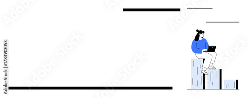 Female professional working on laptop atop bar chart representing data, achievement, progress, analytics, and career management. Ideal for data analysis, education, business, growth achievement