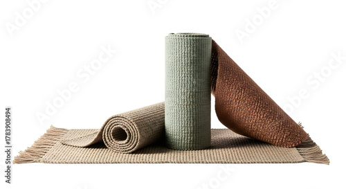 Rolled rugs in various colors and textures isolated on transparent background