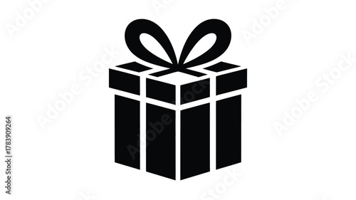 A simple bold black silhouette of a classic gift box with a tied ribbon bow perfect for celebrations and presents silhouette
