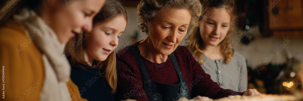Fototapeta premium This heartwarming image depicts a grandmother surrounded by her joyful grandchildren, all engaged in baking in a cozy kitchen, capturing familial love and shared traditions.
