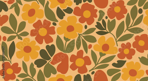 Seamless retro floral wallpaper with bold flowers and organic leaves in warm earthy tones. Flat vector shapes with solid colors and no gradients, ideal for textile prints and interior surface design