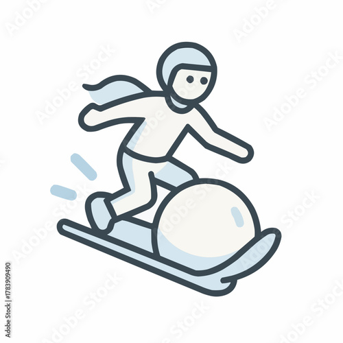 Person sledding down a hill with a snowball on white background