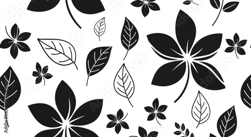 Minimal flat wallpaper featuring simplified botanical shapes and abstract curved florals in monochrome tones. Solid colors only, no gradients, seamless repeat suitable for elegant surface patterns