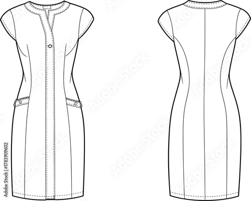 Classic sleeveless sheath dress flat sketch, women’s button front dress fashion template, technical apparel drawing for clothing design, sewing pattern, and illustration