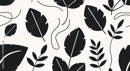 Minimal flat wallpaper featuring simplified botanical shapes and abstract curved florals in monochrome tones. Solid colors only, no gradients, seamless repeat suitable for elegant surface patterns