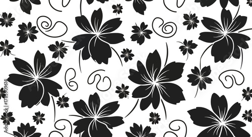 Minimal flat wallpaper featuring simplified botanical shapes and abstract curved florals in monochrome tones. Solid colors only, no gradients, seamless repeat suitable for elegant surface patterns