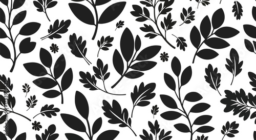 Minimal flat wallpaper featuring simplified botanical shapes and abstract curved florals in monochrome tones. Solid colors only, no gradients, seamless repeat suitable for elegant surface patterns
