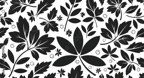 Minimal flat wallpaper featuring simplified botanical shapes and abstract curved florals in monochrome tones. Solid colors only, no gradients, seamless repeat suitable for elegant surface patterns