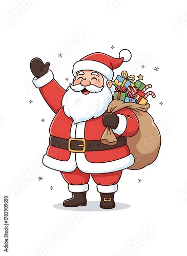 Cartoon illustration of a jolly, red-suited man with a sack of gifts