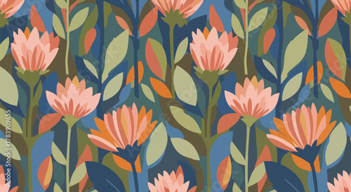 Flat vector wallpaper of chunky floral petals and elongated leaves arranged with balanced spacing. Solid warm tones, seamless repeat, perfect for fabric, wrapping paper, or modern retro products