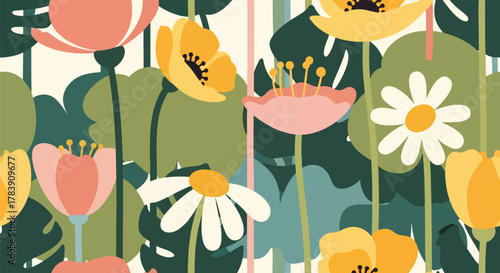 Flat vector wallpaper of chunky floral petals and elongated leaves arranged with balanced spacing. Solid warm tones, seamless repeat, perfect for fabric, wrapping paper, or modern retro products