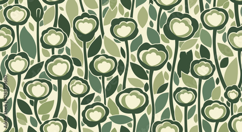 Flat vector wallpaper of chunky floral petals and elongated leaves arranged with balanced spacing. Solid warm tones, seamless repeat, perfect for fabric, wrapping paper, or modern retro products